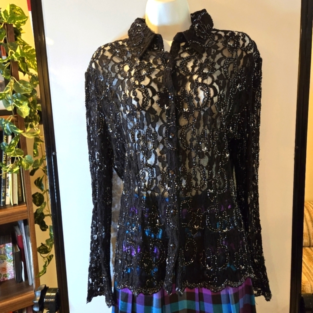 Jkara New York, Lacy, Black Beaded Sparkly  Long Sleeve Blouse, Size Large